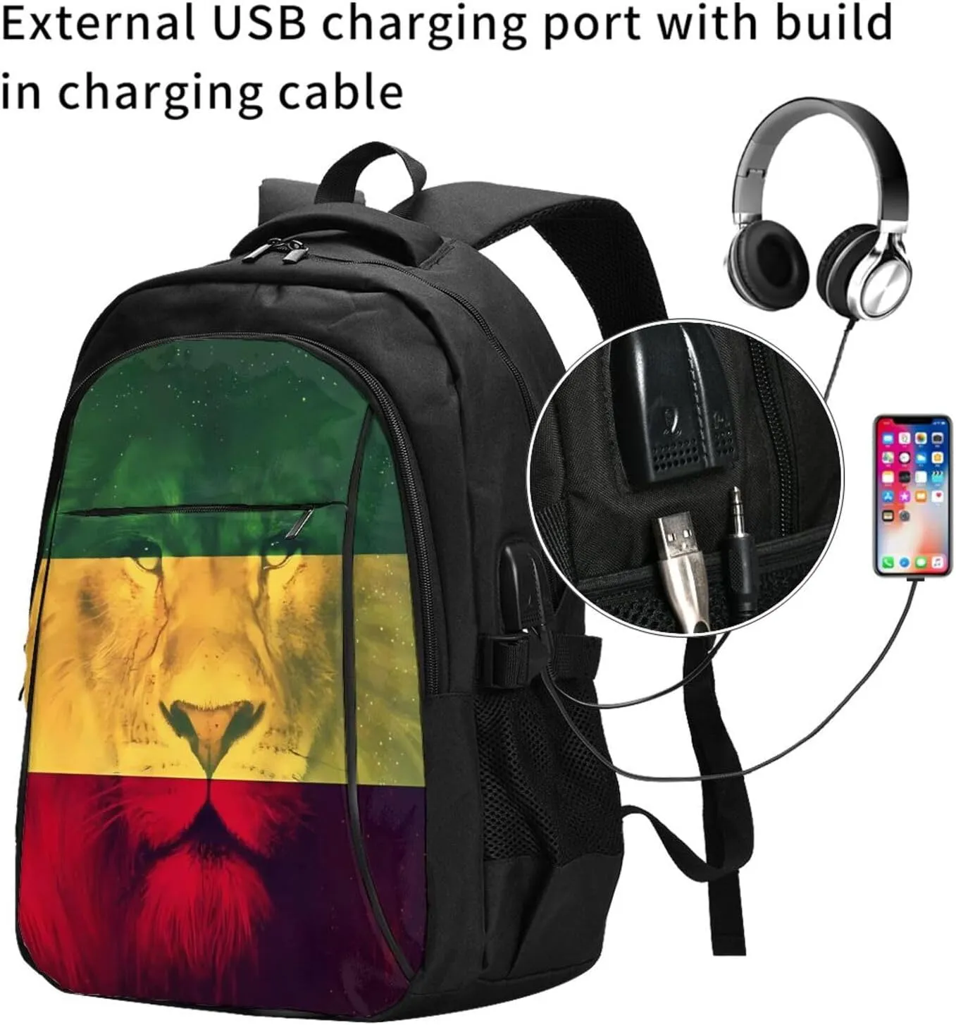 Jamaican Rasta Lion Flag Casual Travel Backpacks Hiking Camping Backpack Large Outdoor Sport Daypack Laptop Rucksack Climbing Working Bags with USB Port