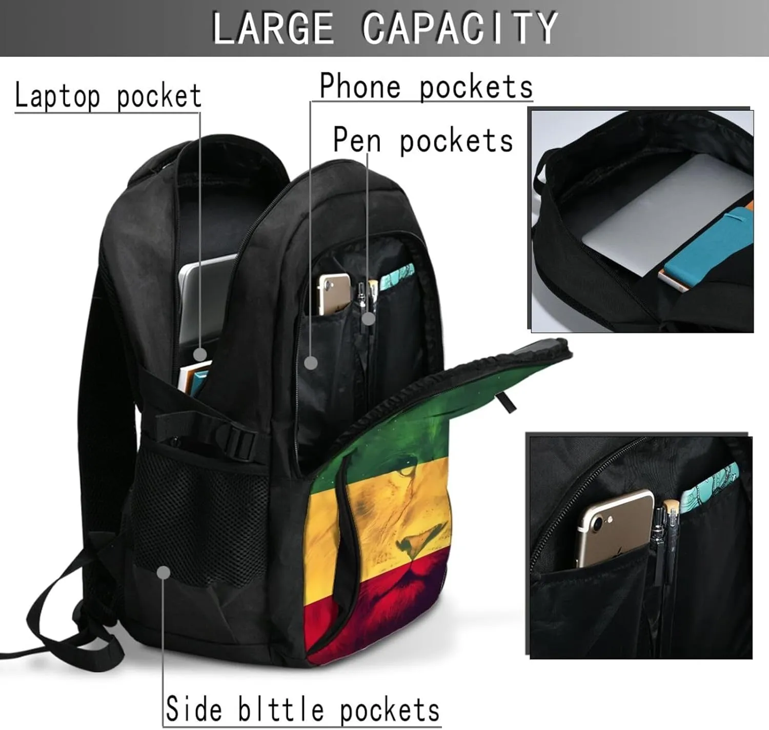 Jamaican Rasta Lion Flag Casual Travel Backpacks Hiking Camping Backpack Large Outdoor Sport Daypack Laptop Rucksack Climbing Working Bags with USB Port