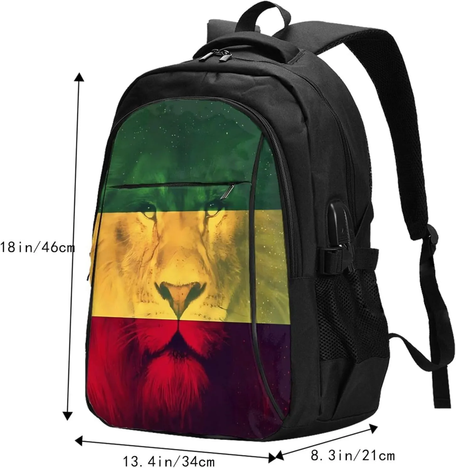 Jamaican Rasta Lion Flag Casual Travel Backpacks Hiking Camping Backpack Large Outdoor Sport Daypack Laptop Rucksack Climbing Working Bags with USB Port