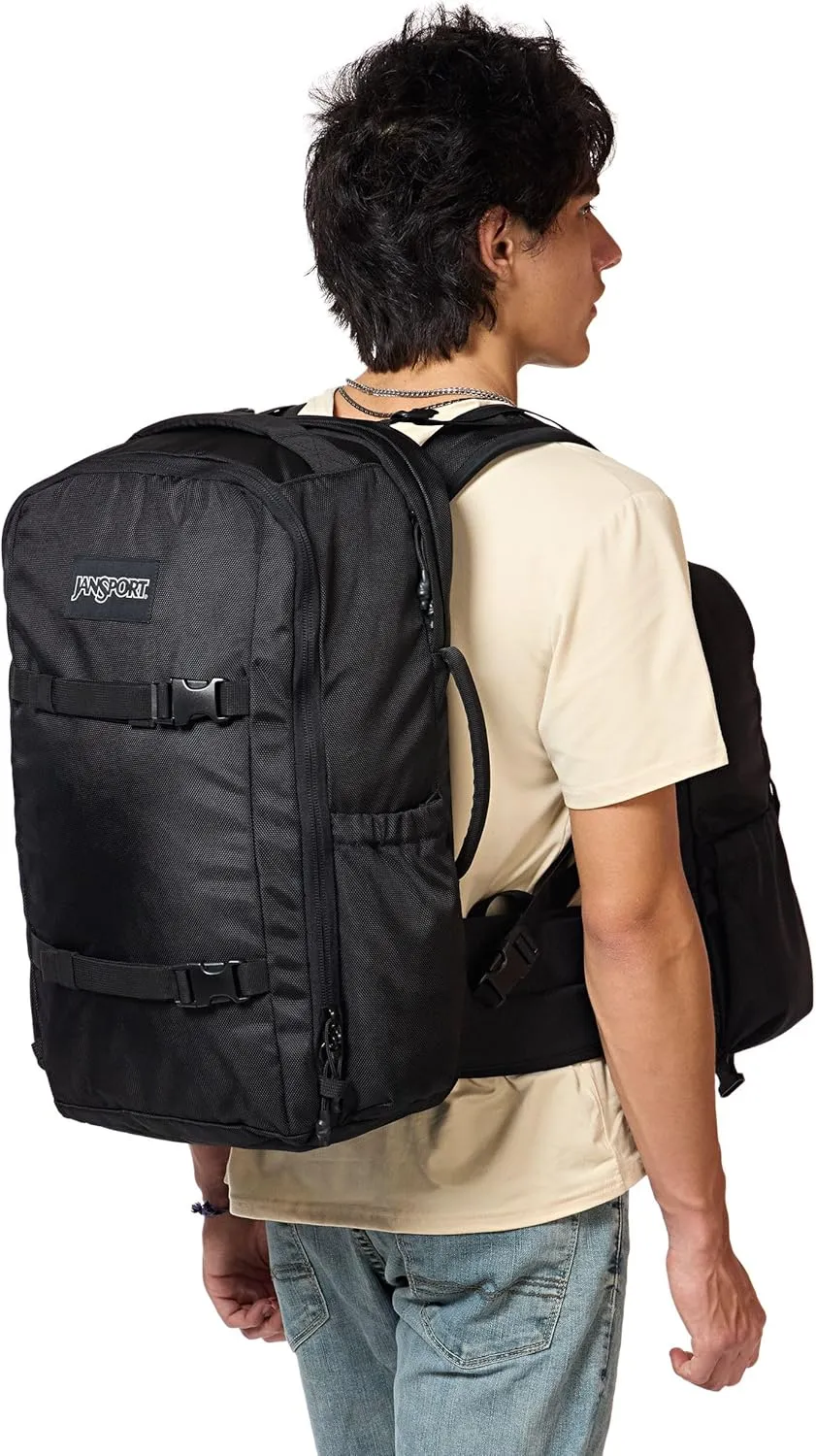 JanSport Venture Pack System – Travel Pack With Large Main Compartment, 4 Water Bottle Pockets, Adjustable Torso Length, Perimeter Wireframe Suspension, Tuck-Away Straps, Padded Hip Belt, Black