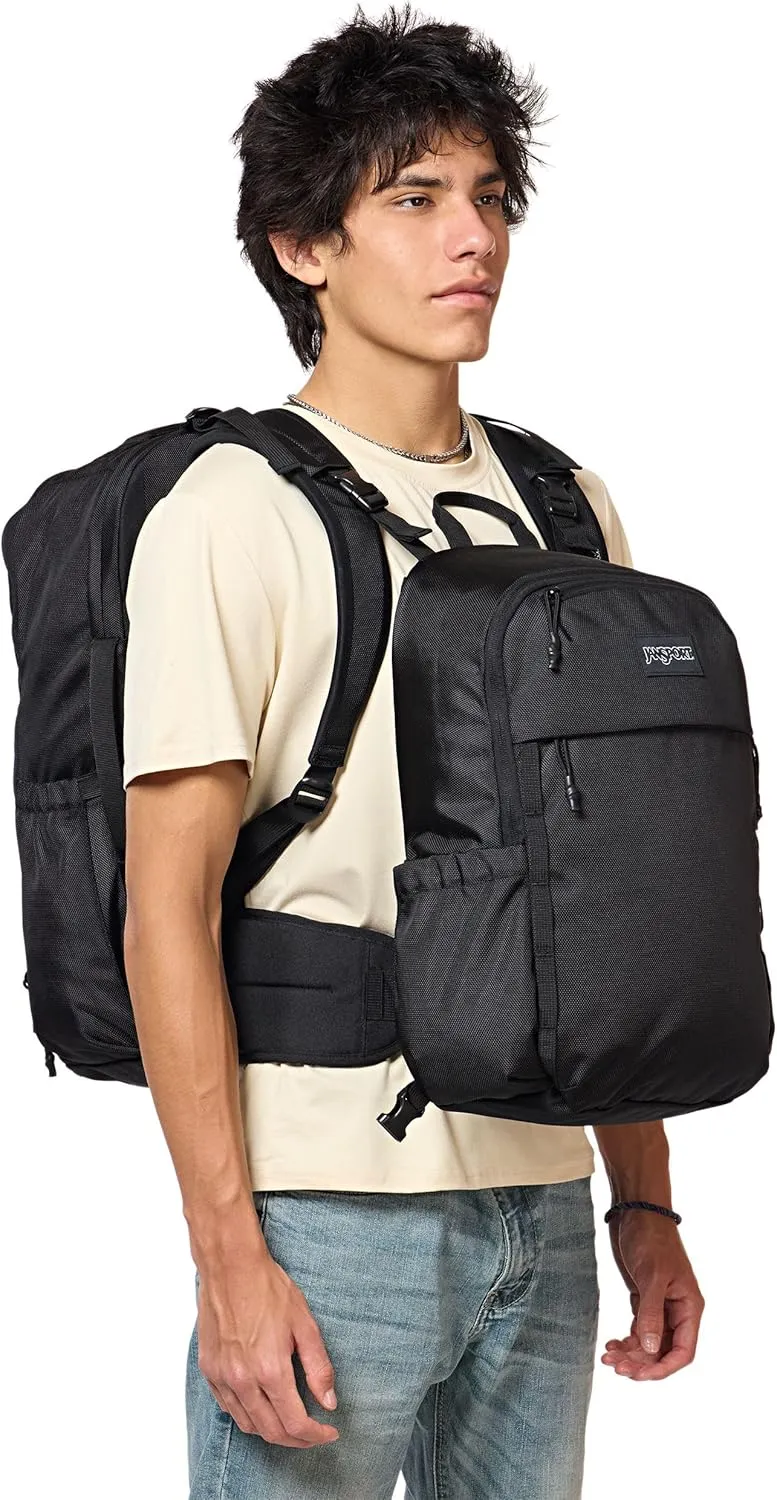 JanSport Venture Pack System – Travel Pack With Large Main Compartment, 4 Water Bottle Pockets, Adjustable Torso Length, Perimeter Wireframe Suspension, Tuck-Away Straps, Padded Hip Belt, Black