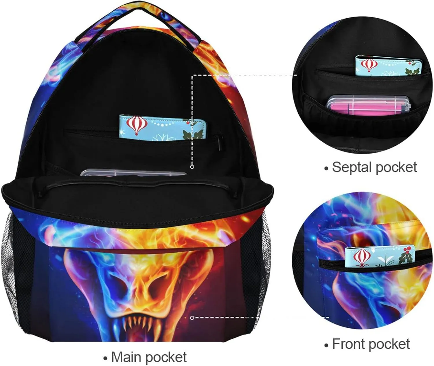 JIPONI Fire Dragon Head in Blue and Red Flame Backpack For Girls Boys, Student School Bag Bookbag Travel Laptop Backpack Purse Daypack