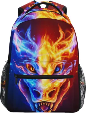 JIPONI Fire Dragon Head in Blue and Red Flame Backpack For Girls Boys, Student School Bag Bookbag Travel Laptop Backpack Purse Daypack