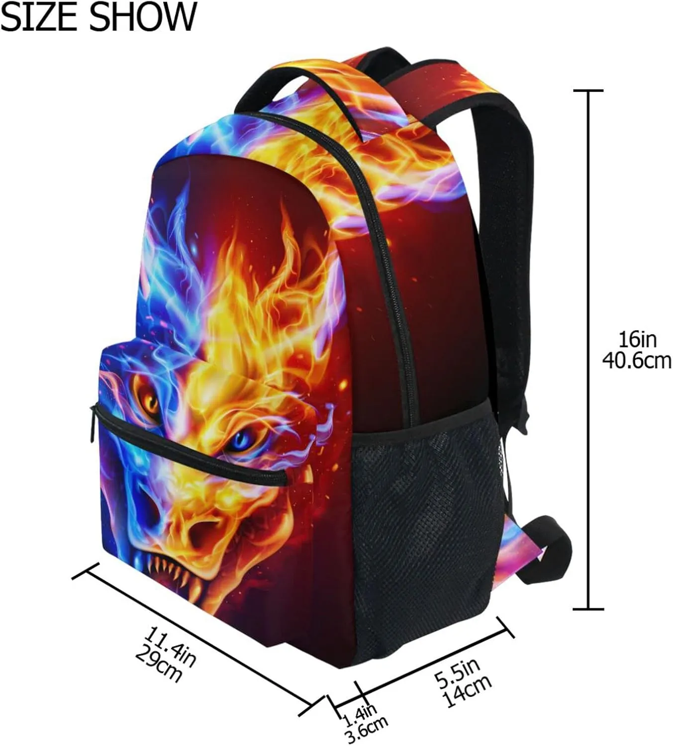 JIPONI Fire Dragon Head in Blue and Red Flame Backpack For Girls Boys, Student School Bag Bookbag Travel Laptop Backpack Purse Daypack