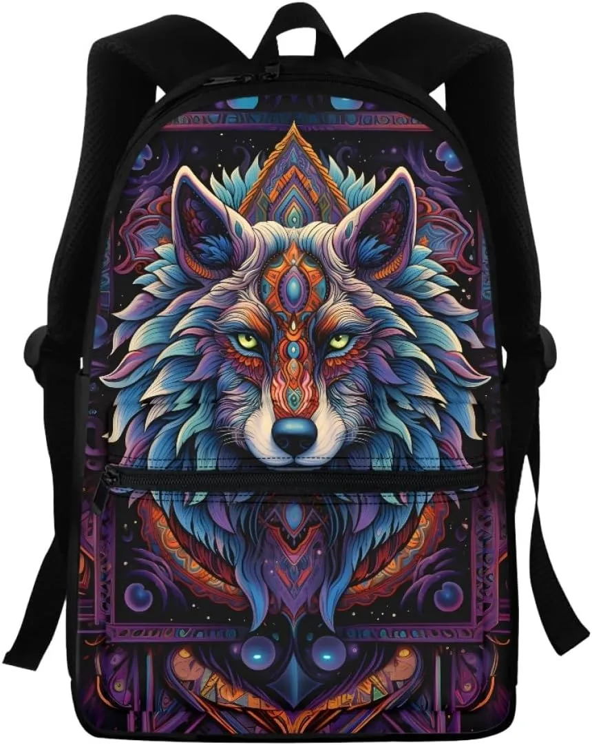 JooMeryer Wolf Head Printed Backpack for Boys Teens Mens Cool Animal School Bag Bookbag Daypack for Preschool Elementary,Native American wolf