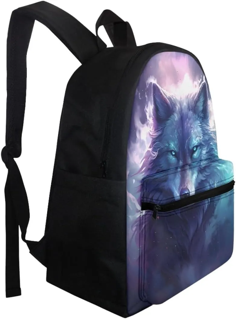 JooMeryer Wolf Head Printed Backpack for Boys Teens Mens Cool Animal School Bag Bookbag Daypack for Preschool Elementary,Purple Galaxy Wolf
