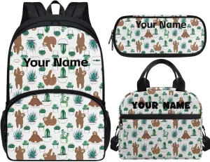 JoyLamoria Kids Custom Backpack 3pcs Cactus Sloth Lunch Bag Pencil Case Adjustable Shoulder Strap School Bags Portable Lightweight Outdoor