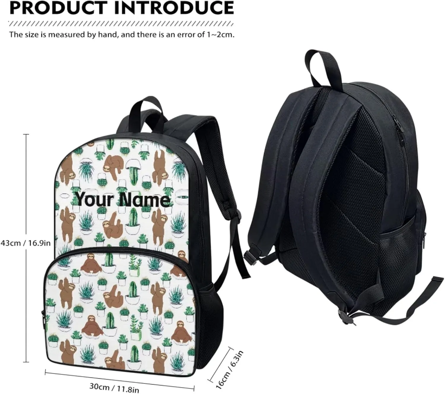 JoyLamoria Kids Custom Backpack 3pcs Cactus Sloth Lunch Bag Pencil Case Adjustable Shoulder Strap School Bags Portable Lightweight Outdoor