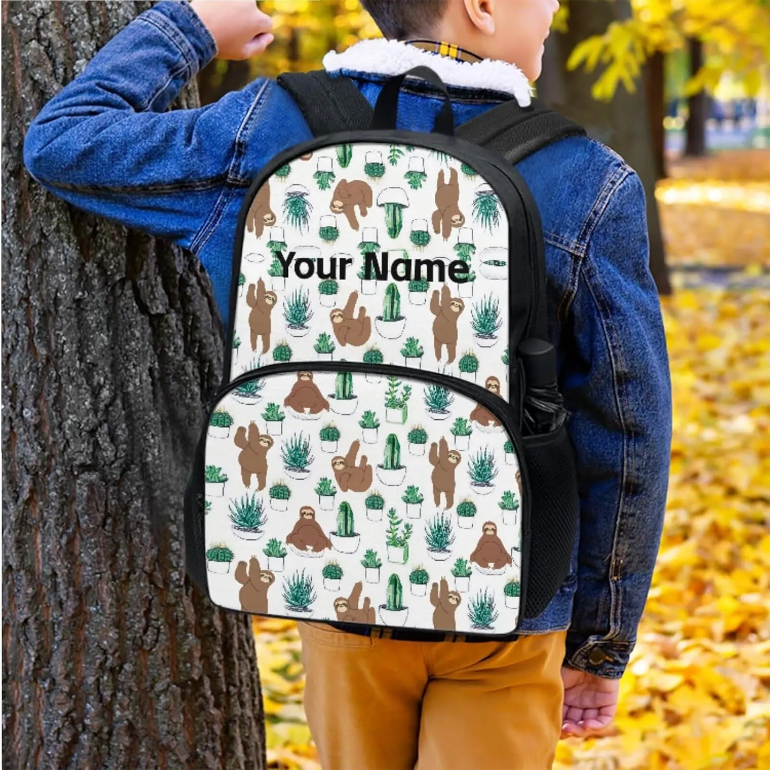 JoyLamoria Kids Custom Backpack 3pcs Cactus Sloth Lunch Bag Pencil Case Adjustable Shoulder Strap School Bags Portable Lightweight Outdoor