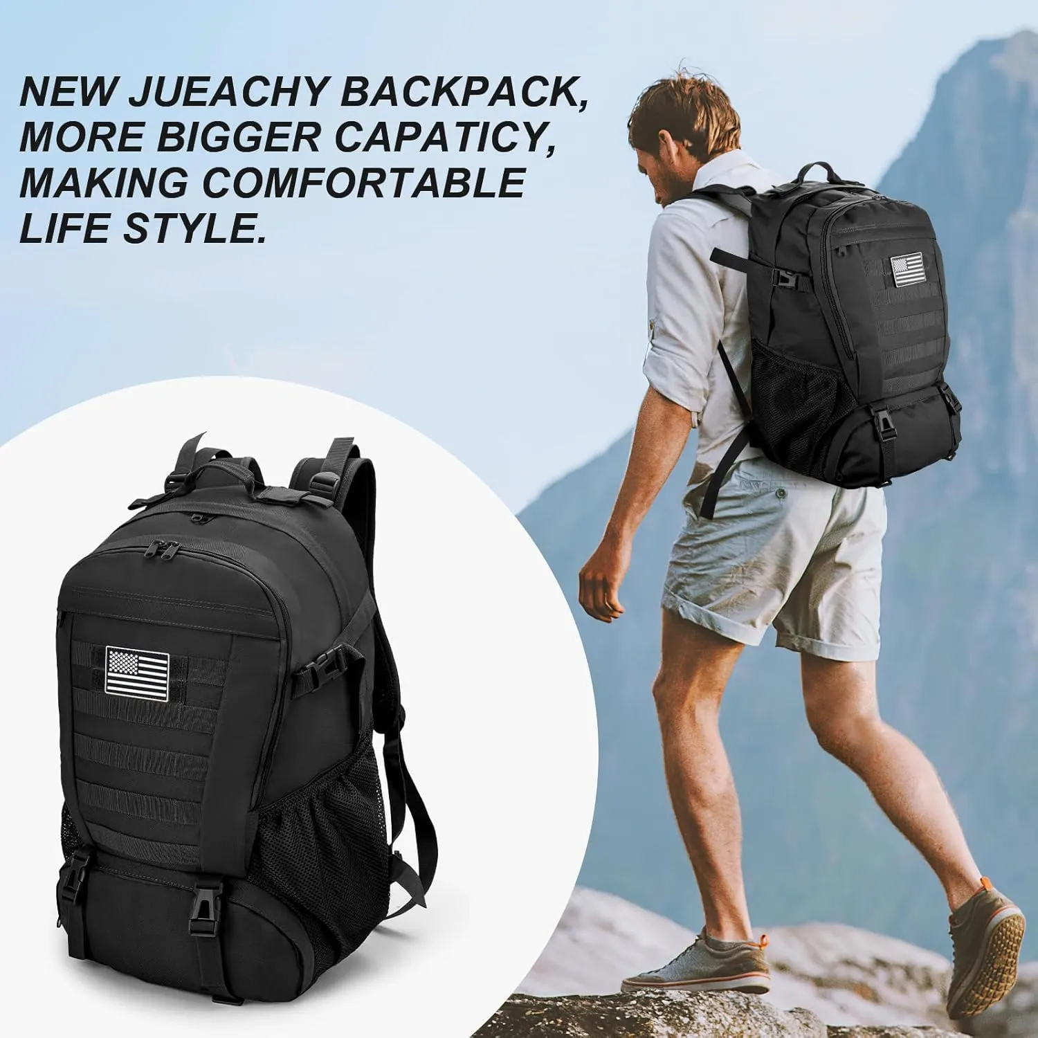 Jueachy Tactical Backpack for Men Hiking Day Pack Molle Military Rucksack Waterproof 30L EDC Bag with USA Flag Patch