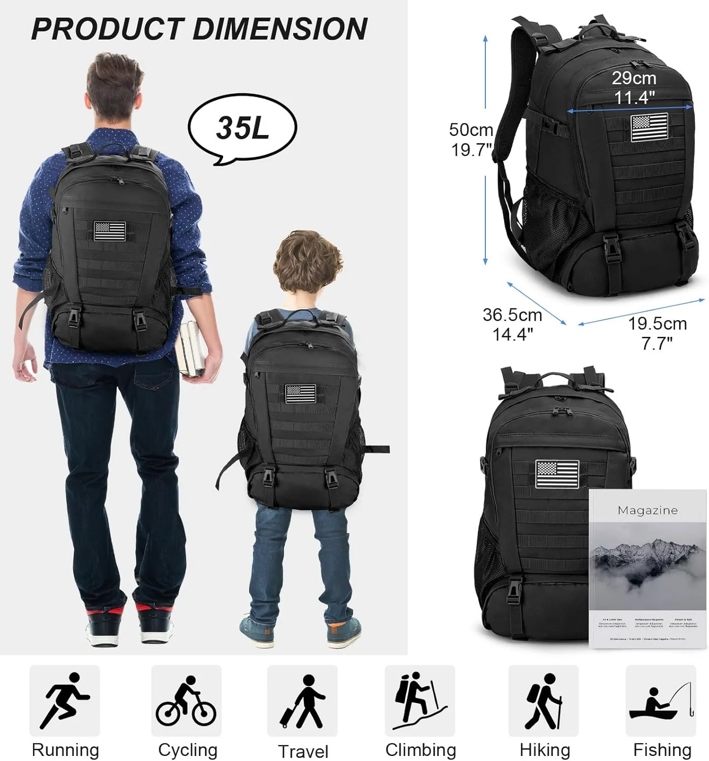 Jueachy Tactical Backpack for Men Hiking Day Pack Molle Military Rucksack Waterproof 30L EDC Bag with USA Flag Patch