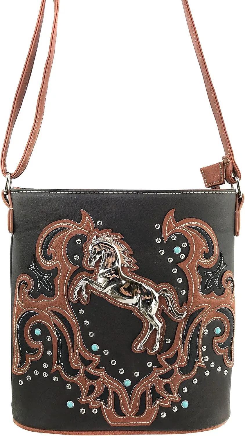 Justin West Horse Embroidery Studded Turquoise Stone Concealed Carry Handbag Purse Matching Wallet