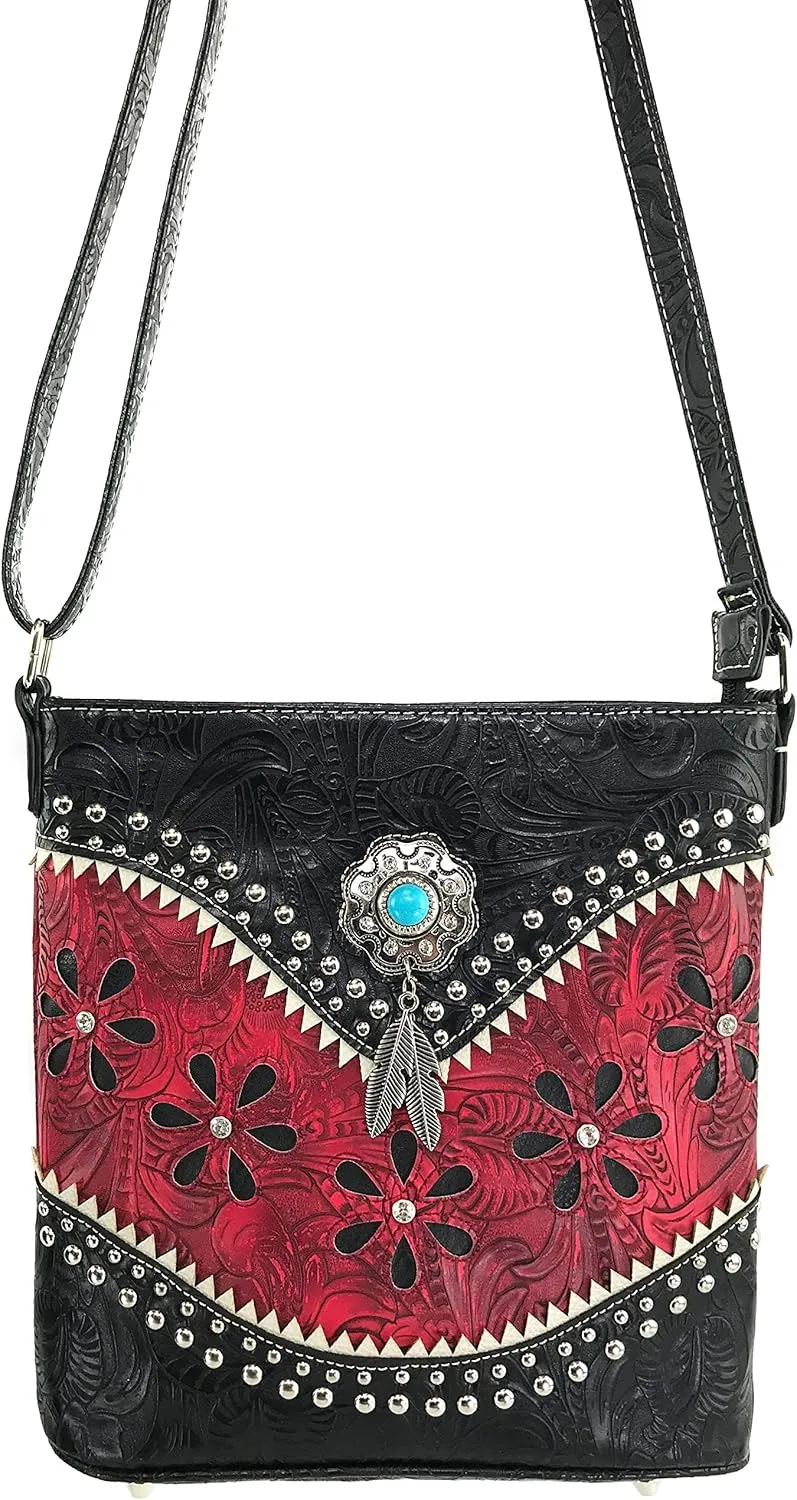 Justin West Turquoise Stone Concho Feathers Western Tooled Studs Concealed Carry Handbag Purse