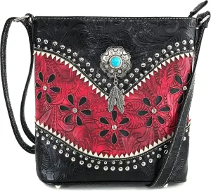 Justin West Turquoise Stone Concho Feathers Western Tooled Studs Concealed Carry Handbag Purse