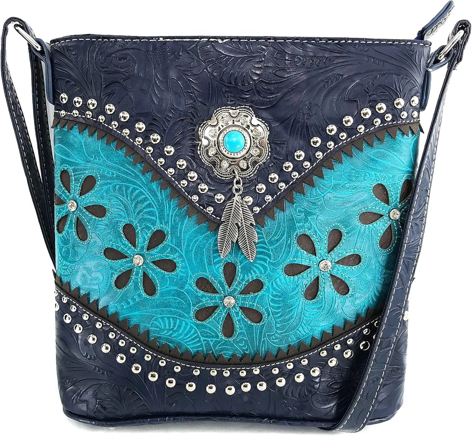 Justin West Turquoise Stone Concho Feathers Western Tooled Studs Concealed Carry Handbag Purse