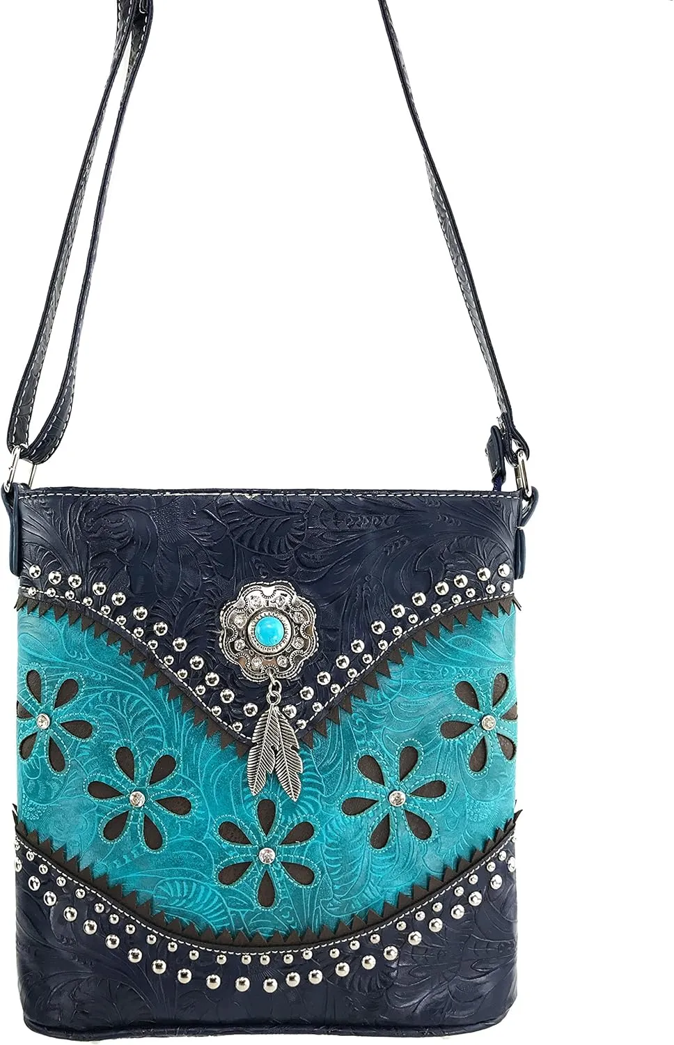 Justin West Turquoise Stone Concho Feathers Western Tooled Studs Concealed Carry Handbag Purse