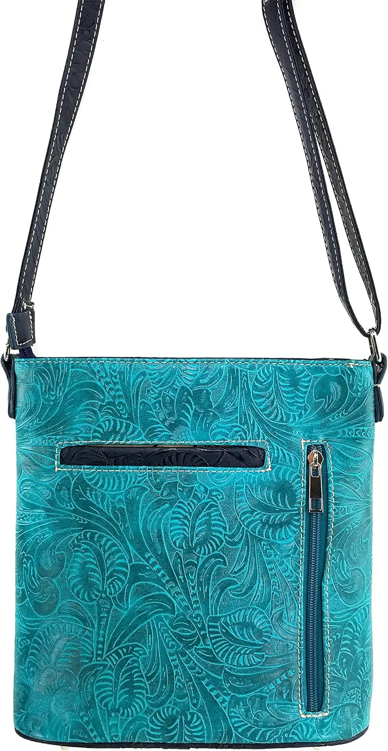 Justin West Turquoise Stone Concho Feathers Western Tooled Studs Concealed Carry Handbag Purse