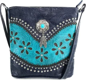 Justin West Turquoise Stone Concho Feathers Western Tooled Studs Concealed Carry Handbag Purse