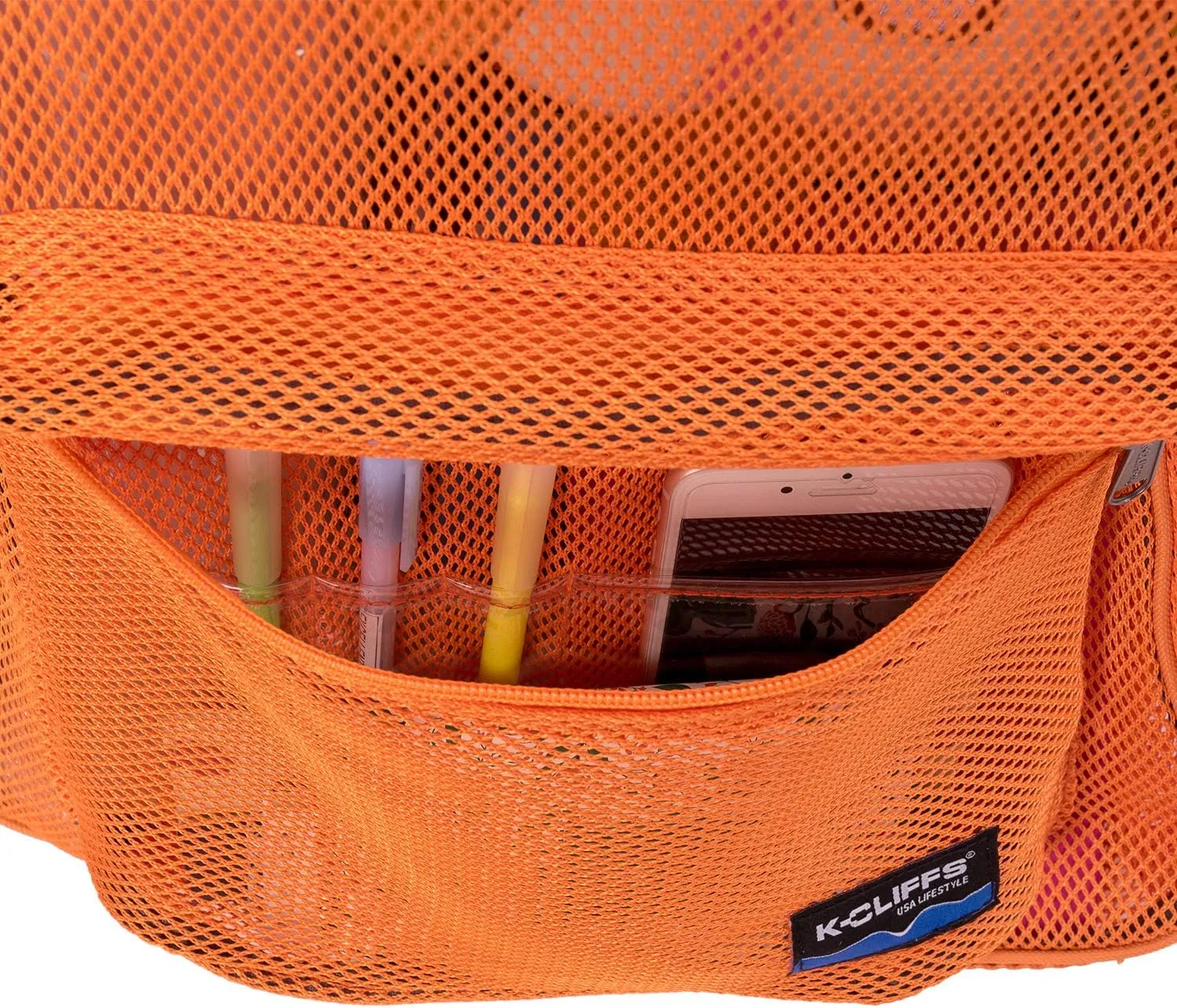 K-Cliffs Heavy Duty Mesh Backpack Quality Classic Student Net Bookbag Durable See Through Simple Netting Daypack Deluxe Basic School Bag Orange