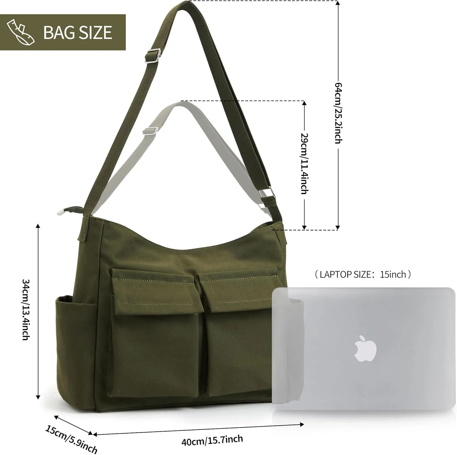 KALIDI Canvas Tote Bag Messenger Bag, Large Crossbody Bag for Women or Men, Casual Canvas Shoulder Bag for College Work Daily