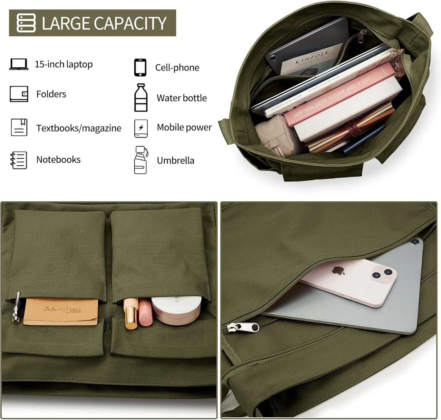 KALIDI Canvas Tote Bag Messenger Bag, Large Crossbody Bag for Women or Men, Casual Canvas Shoulder Bag for College Work Daily