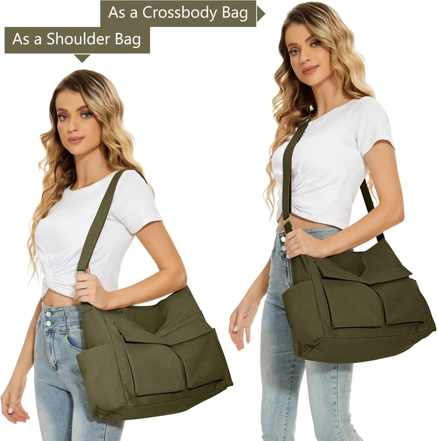 KALIDI Canvas Tote Bag Messenger Bag, Large Crossbody Bag for Women or Men, Casual Canvas Shoulder Bag for College Work Daily