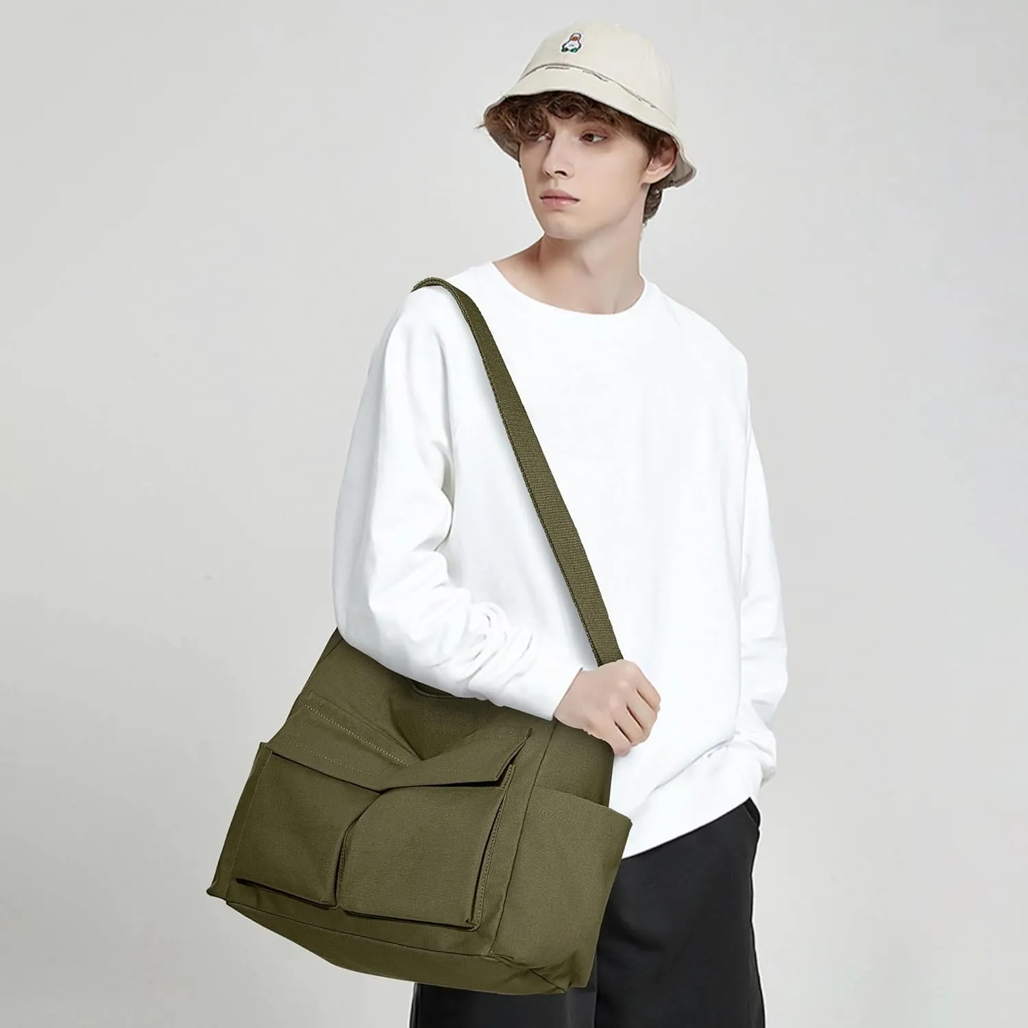 KALIDI Canvas Tote Bag Messenger Bag, Large Crossbody Bag for Women or Men, Casual Canvas Shoulder Bag for College Work Daily