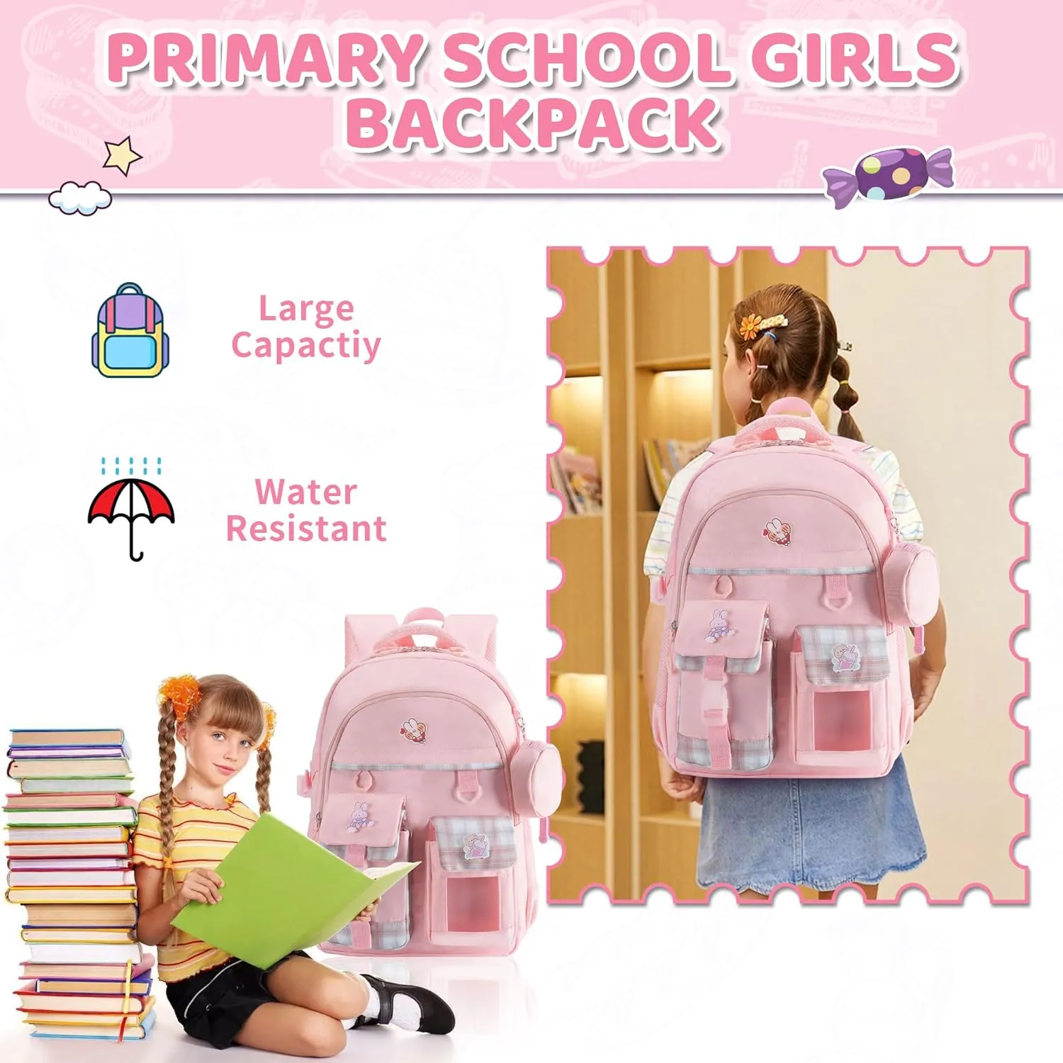 Kawaii Backpack, Pink Cute Backpacks for Girls, Large School Bag for Kids (Pink-2)