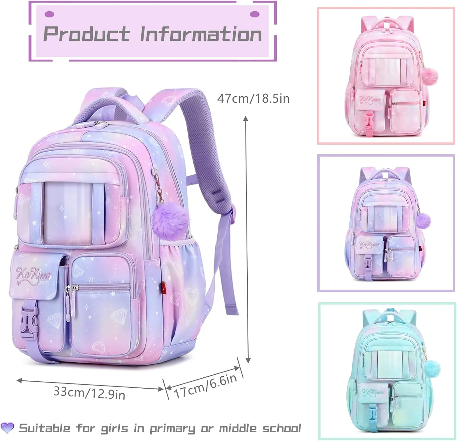 Kawaii Kids Backpack for Girls School, Multi-Pocket Girls Backpack Kids School Bag with Furry Pendant, B05-Blue