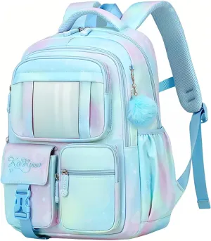 Kawaii Kids Backpack for Girls School, Multi-Pocket Girls Backpack Kids School Bag with Furry Pendant, B05-Blue