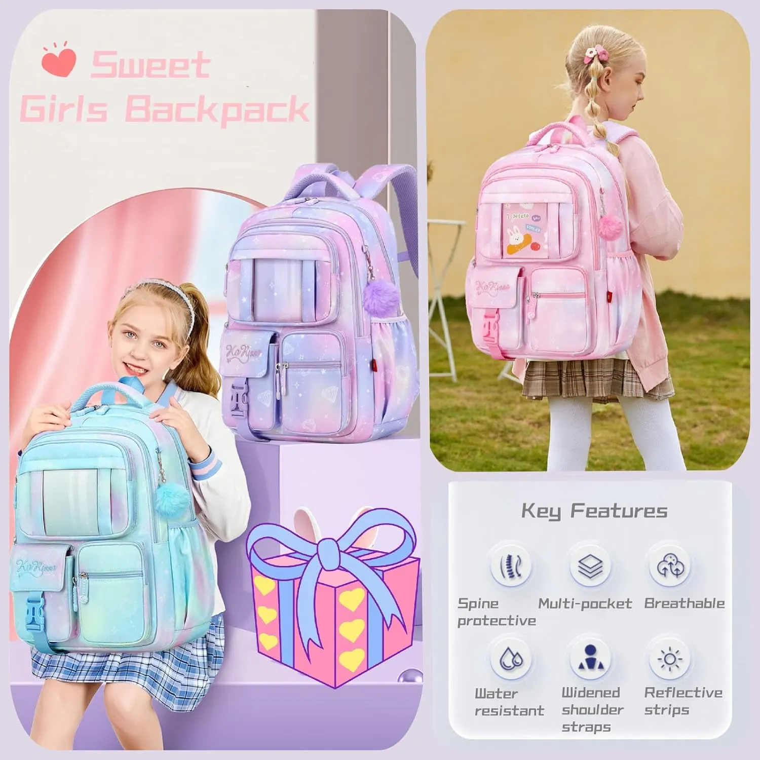 Kawaii Kids Backpack for Girls School, Multi-Pocket Girls Backpack Kids School Bag with Furry Pendant, B05-Blue