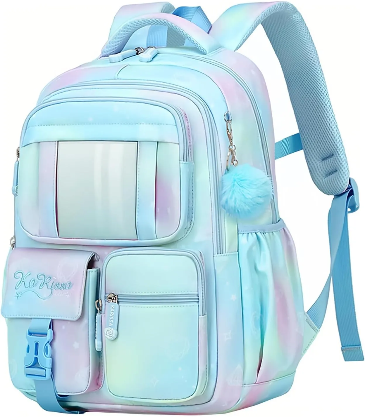 Kawaii Kids Backpack for Girls School, Multi-Pocket Girls Backpack Kids School Bag with Furry Pendant, B05-Blue