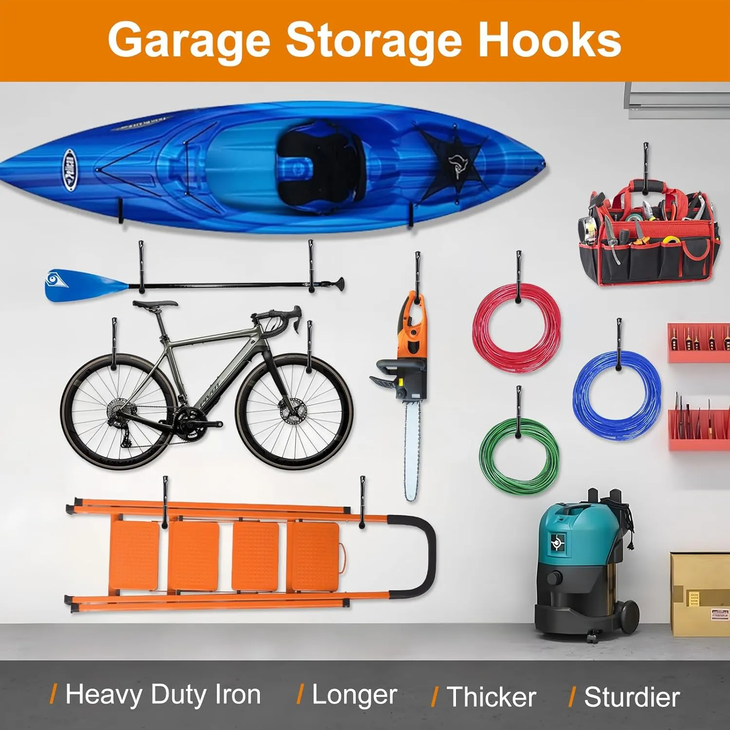 Kayak Storage Rack Wall Mount (15"), Kayak Hooks, Heavy Duty Garage Storage Hooks (4packs) for 2 Kayaks Suitable for Hanging Ladders, Bikes, Kayak Storage Racks