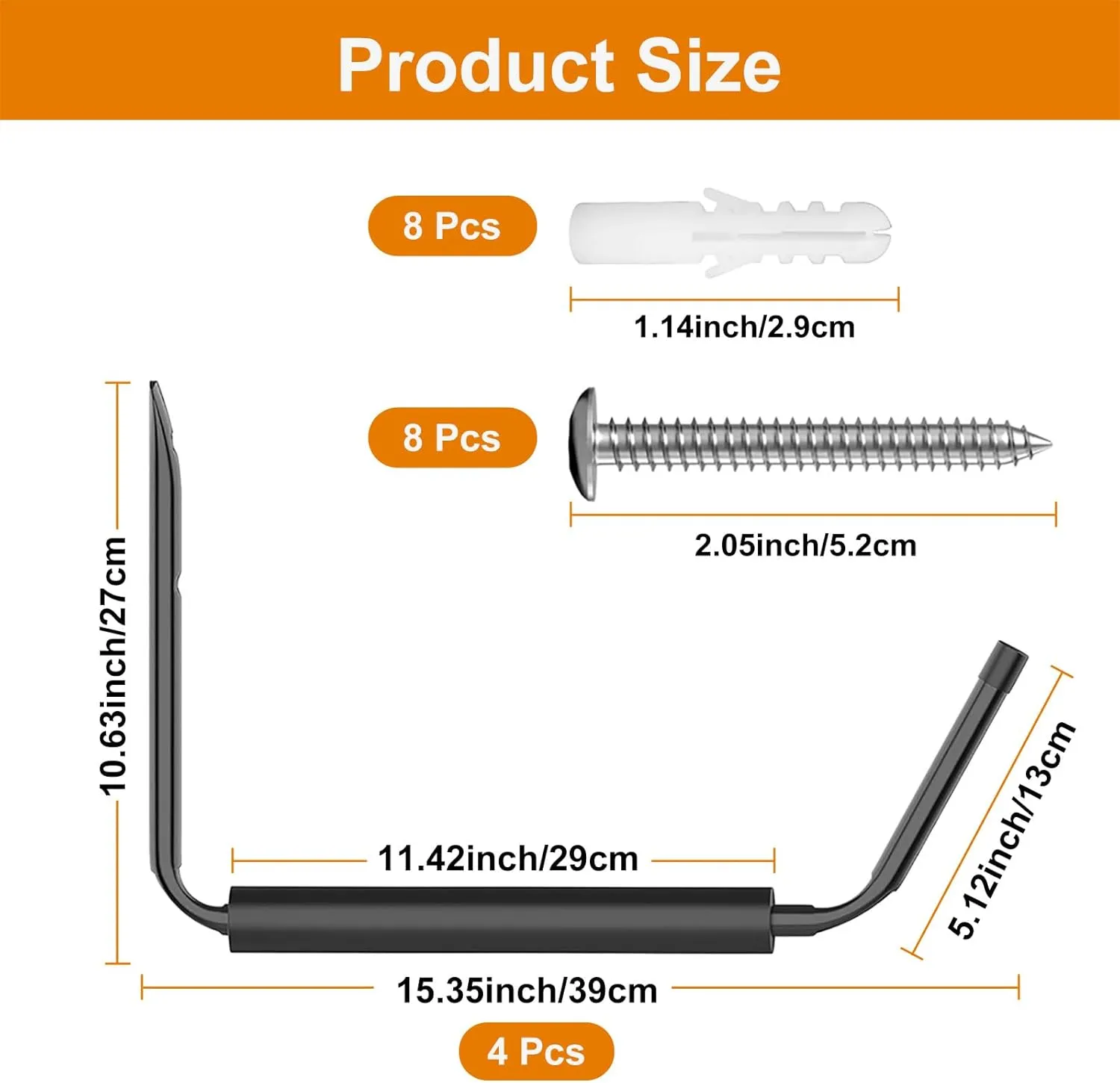Kayak Storage Rack Wall Mount (15"), Kayak Hooks, Heavy Duty Garage Storage Hooks (4packs) for 2 Kayaks Suitable for Hanging Ladders, Bikes, Kayak Storage Racks