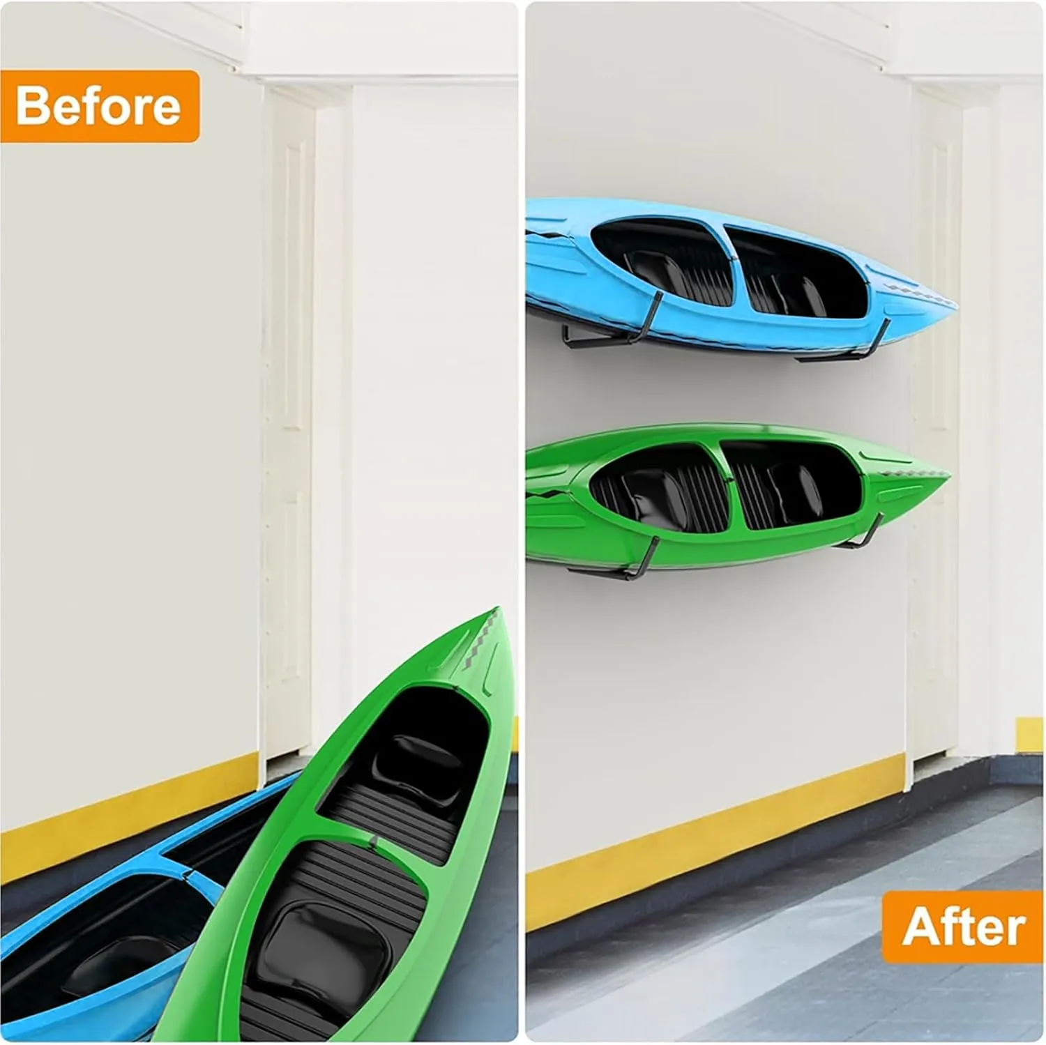 Kayak Storage Rack Wall Mount (15"), Kayak Hooks, Heavy Duty Garage Storage Hooks (4packs) for 2 Kayaks Suitable for Hanging Ladders, Bikes, Kayak Storage Racks