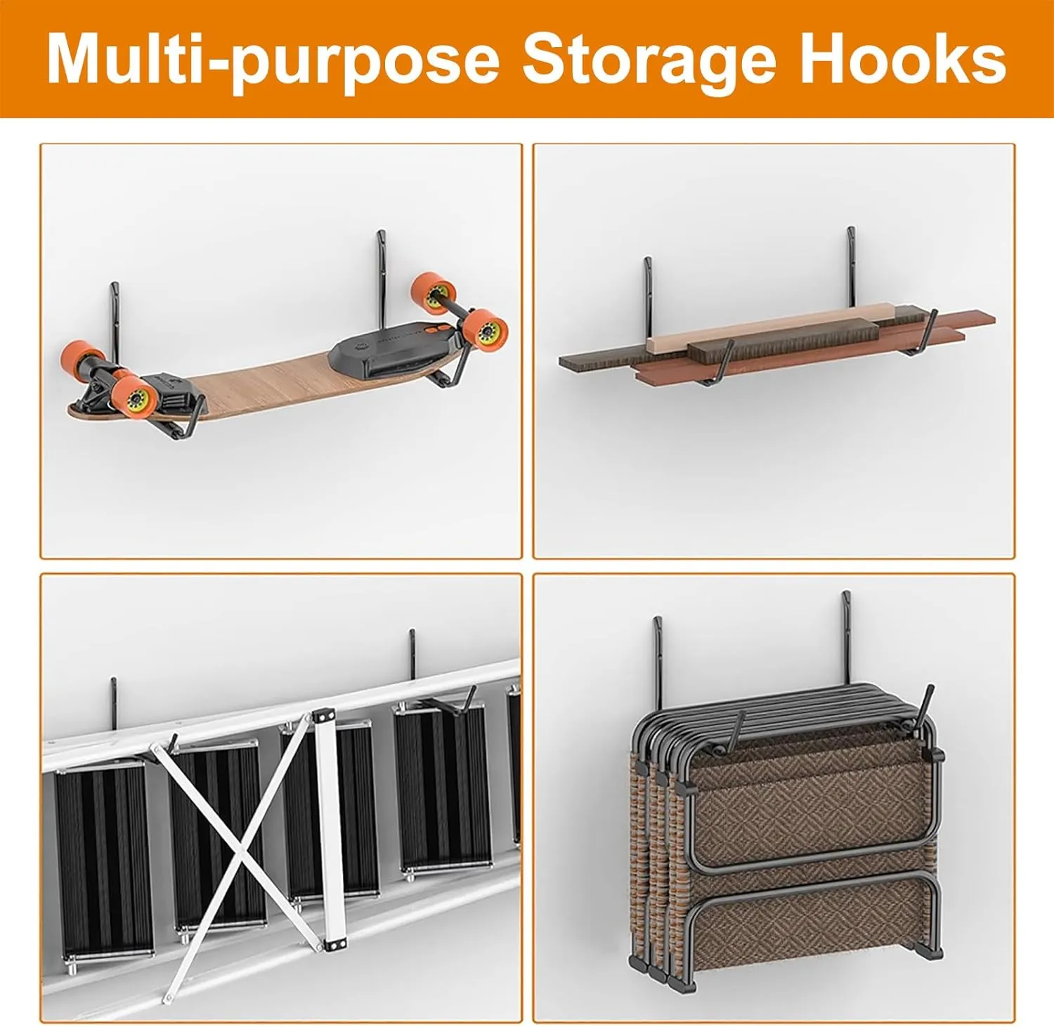 Kayak Storage Rack Wall Mount (15"), Kayak Hooks, Heavy Duty Garage Storage Hooks (4packs) for 2 Kayaks Suitable for Hanging Ladders, Bikes, Kayak Storage Racks