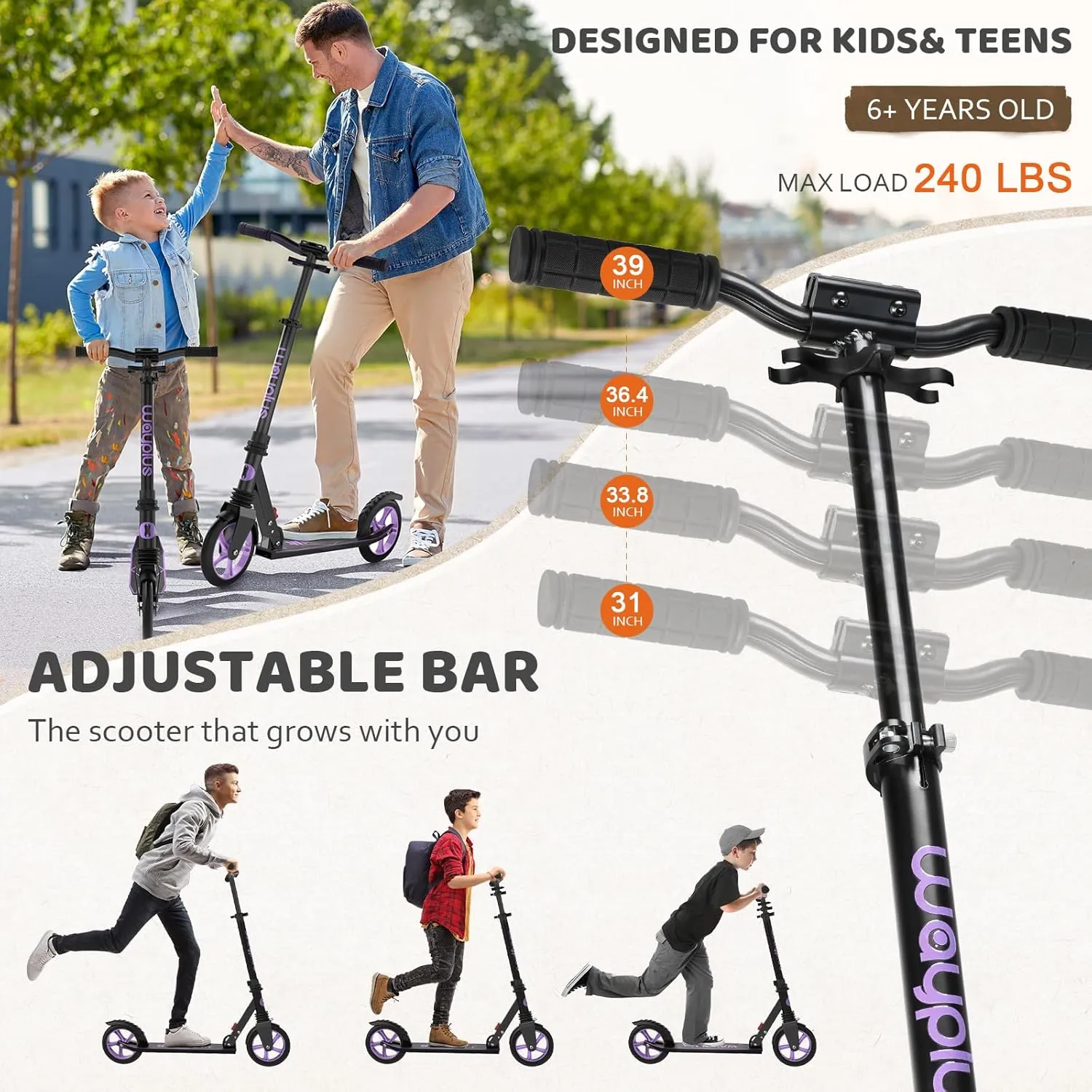 Kick Scooter for Ages 6 ,Kid, Teens & Adults. Max Load 240 LBS. Foldable, Lightweight, 8IN Big Wheels for Kids, Teen and Adults, 4 Adjustable Levels. Bearing ABEC9