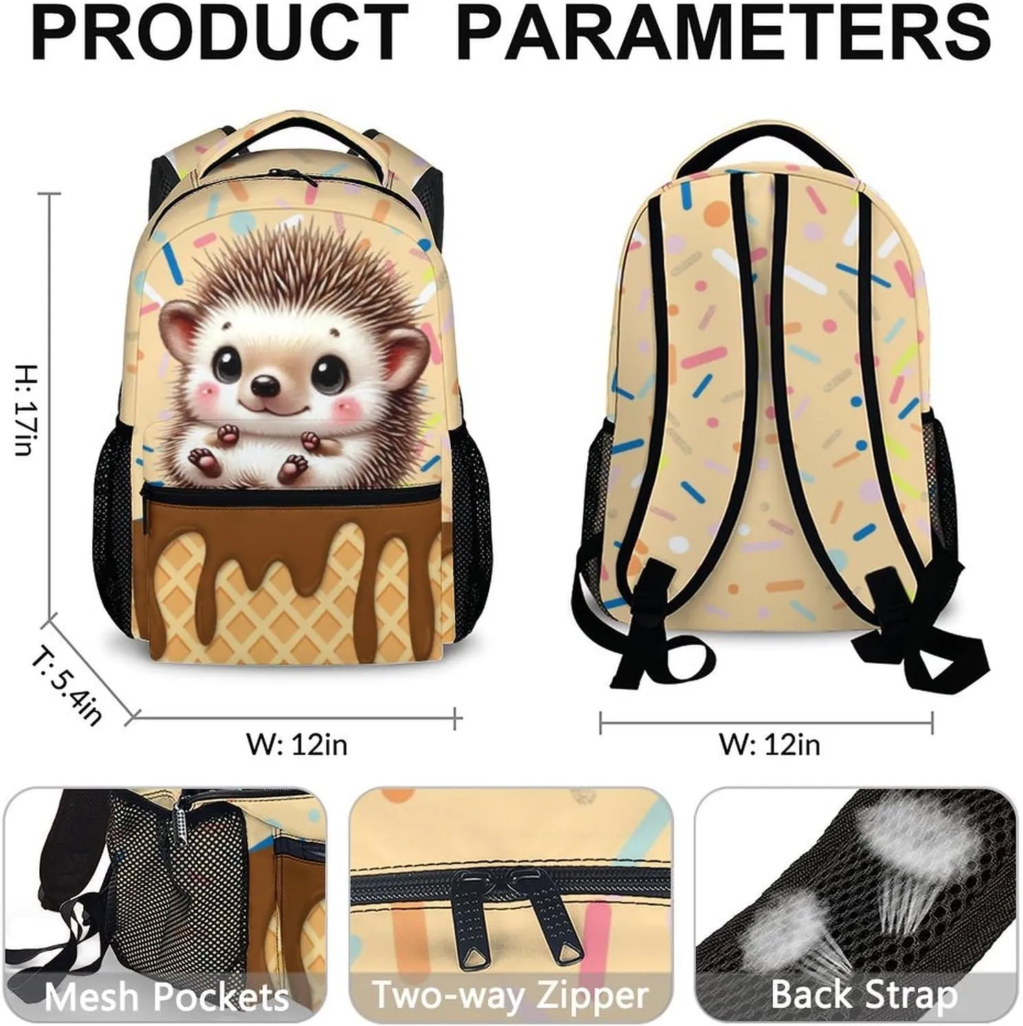 Kids Backpack, Casual Hedgehog Backpacks, Cute Animal Schoolbag for Gift, 17 Inch Large Capacity Bookbag for Preschool Elementary Kindergarten School Travel