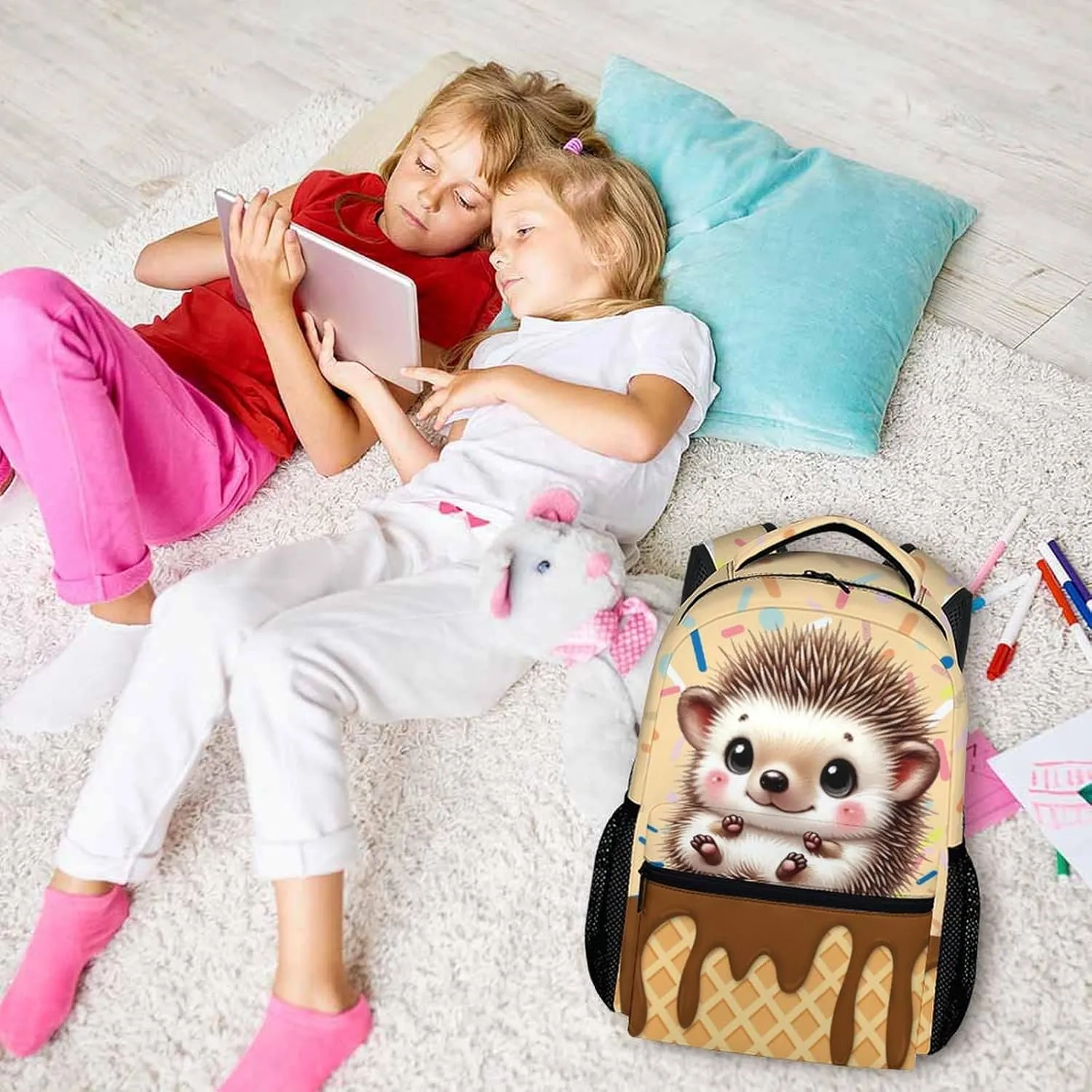 Kids Backpack, Casual Hedgehog Backpacks, Cute Animal Schoolbag for Gift, 17 Inch Large Capacity Bookbag for Preschool Elementary Kindergarten School Travel
