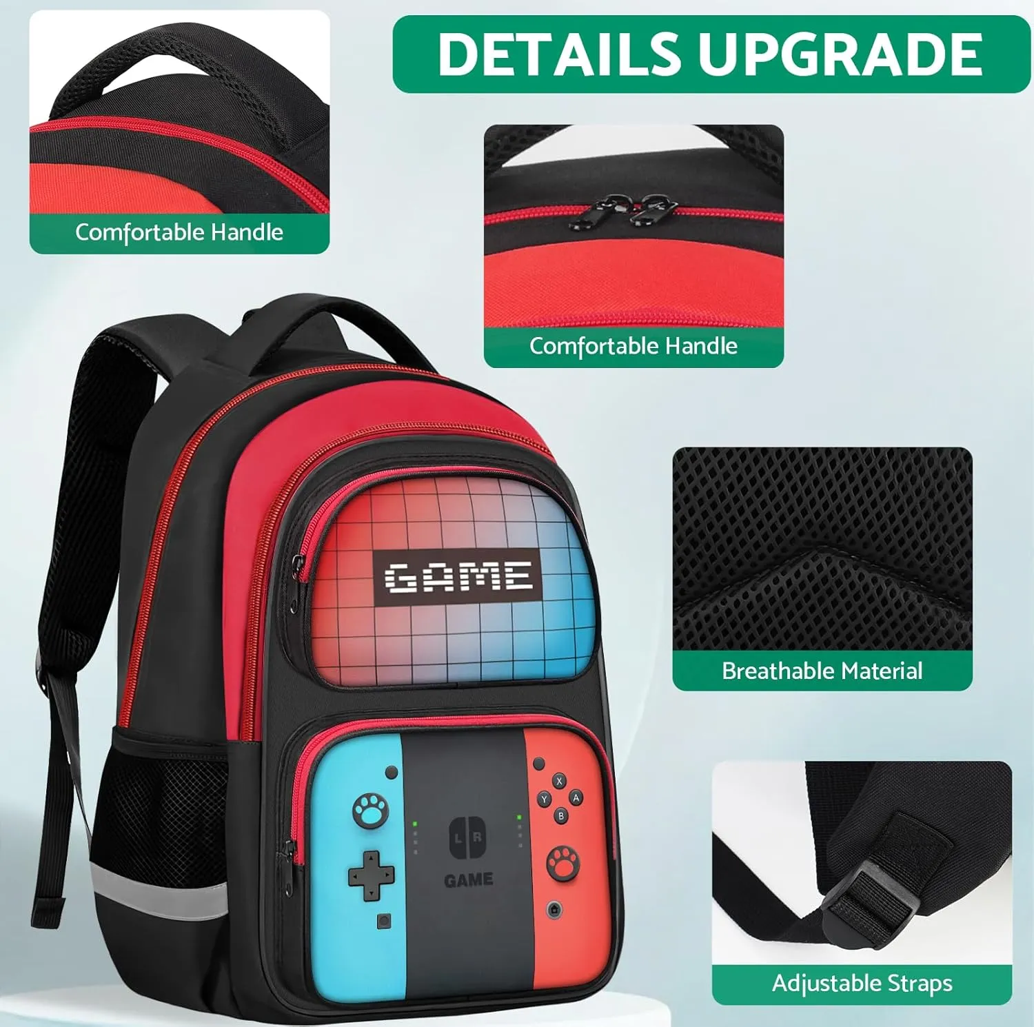 Kids Backpack For Boys，Gamer Boys Backpack For Children Teens Elementary Middle School, 17″ Students Bookbag