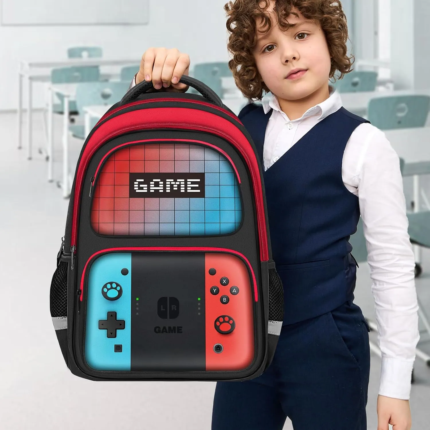 Kids Backpack For Boys，Gamer Boys Backpack For Children Teens Elementary Middle School, 17″ Students Bookbag