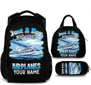 Kids Backpack Set - Custom Set of 3 Airplane Backpacks Matching Combo Gifts for Students Teens Boys - Personalized Back to School Schoolbag and Pencil Case Bundle for Primary Middle School