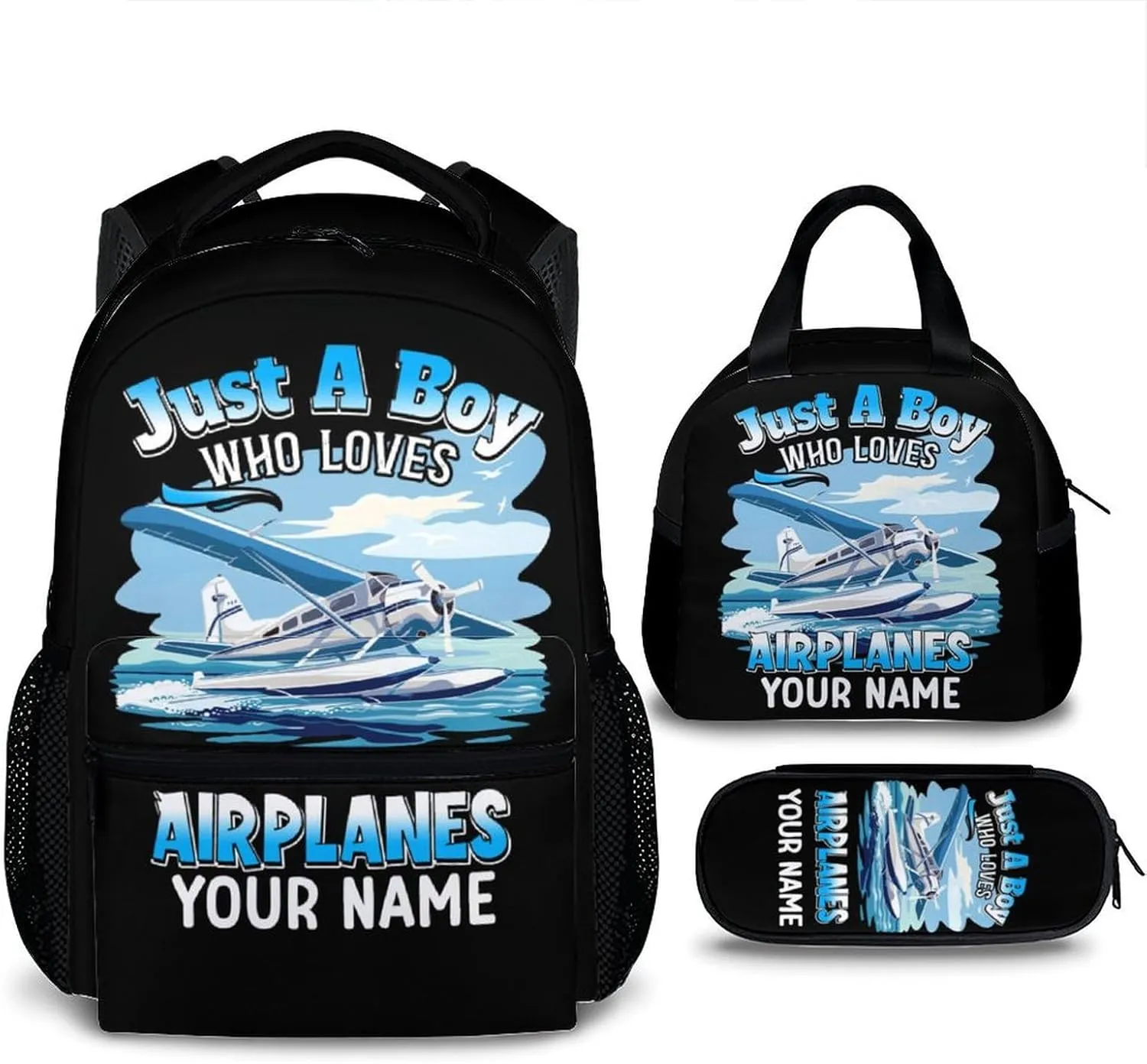 Kids Backpack Set - Custom Set of 3 Airplane Backpacks Matching Combo Gifts for Students Teens Boys - Personalized Back to School Schoolbag and Pencil Case Bundle for Primary Middle School