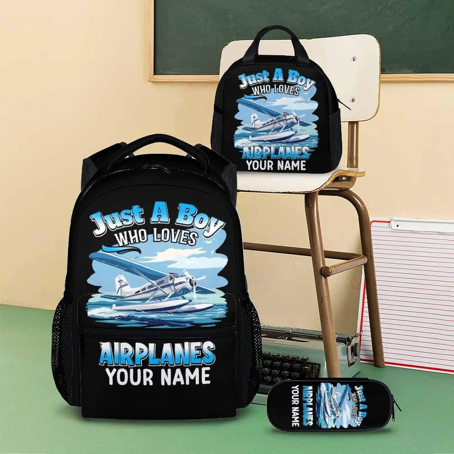 Kids Backpack Set - Custom Set of 3 Airplane Backpacks Matching Combo Gifts for Students Teens Boys - Personalized Back to School Schoolbag and Pencil Case Bundle for Primary Middle School