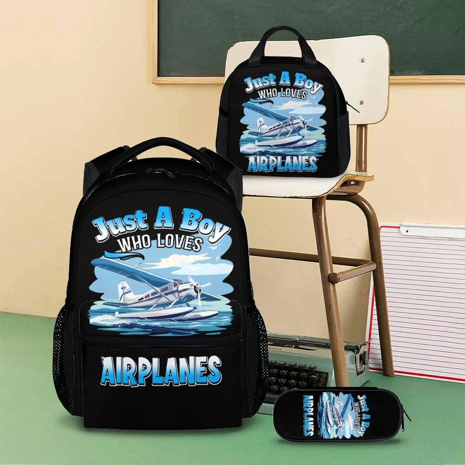 Kids Backpack Set for Boys - Set of 3 Airplane Backpacks Matching Combo Gifts - Back to School Supplies - Schoolbag with Pencil Case Bundle for Primary Elementary Middle School