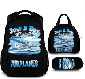 Kids Backpack Set for Boys - Set of 3 Airplane Backpacks Matching Combo Gifts - Back to School Supplies - Schoolbag with Pencil Case Bundle for Primary Elementary Middle School