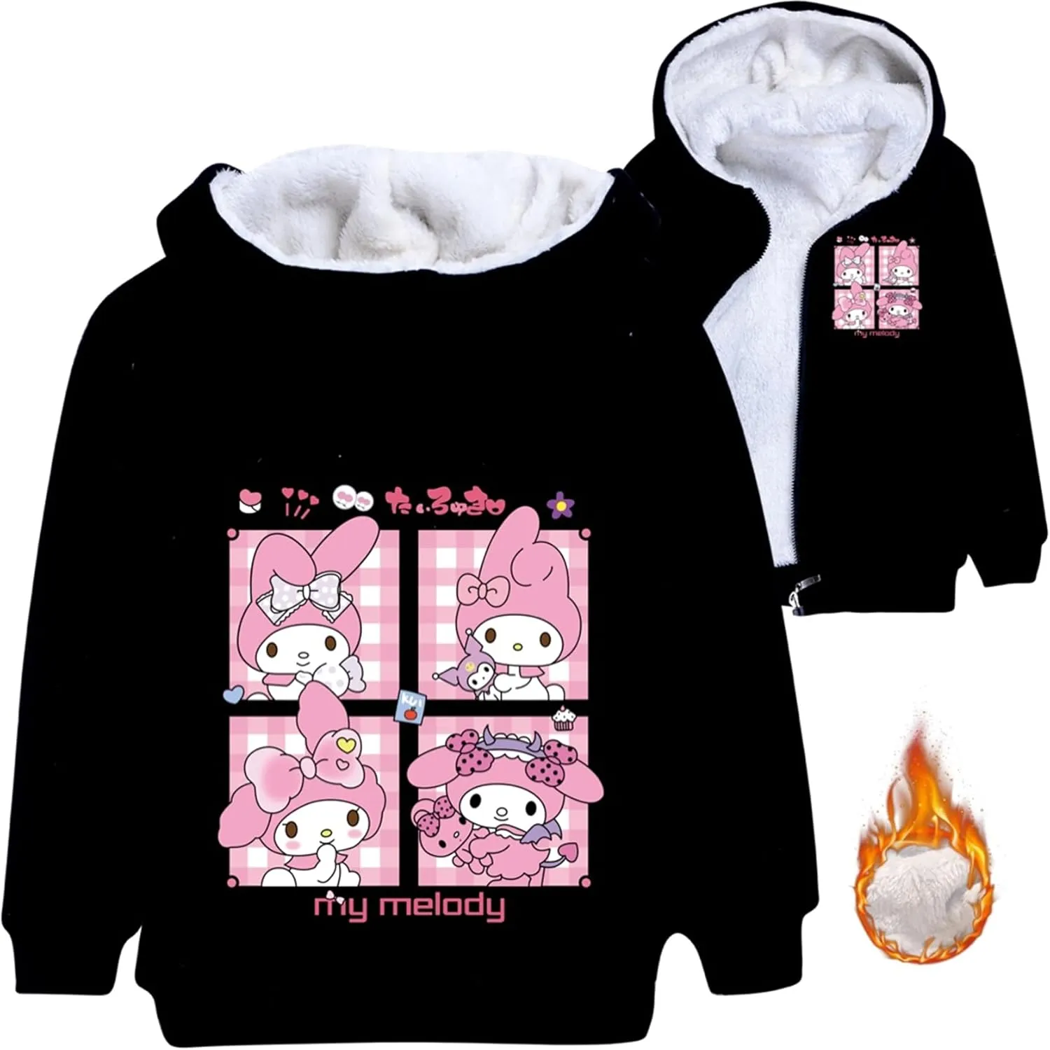 Kids Casual Fleece Liner Full-zip Coats-Trendy Hooded Outerwear Lovely Cartoon Warm Sweatshirts for Winter