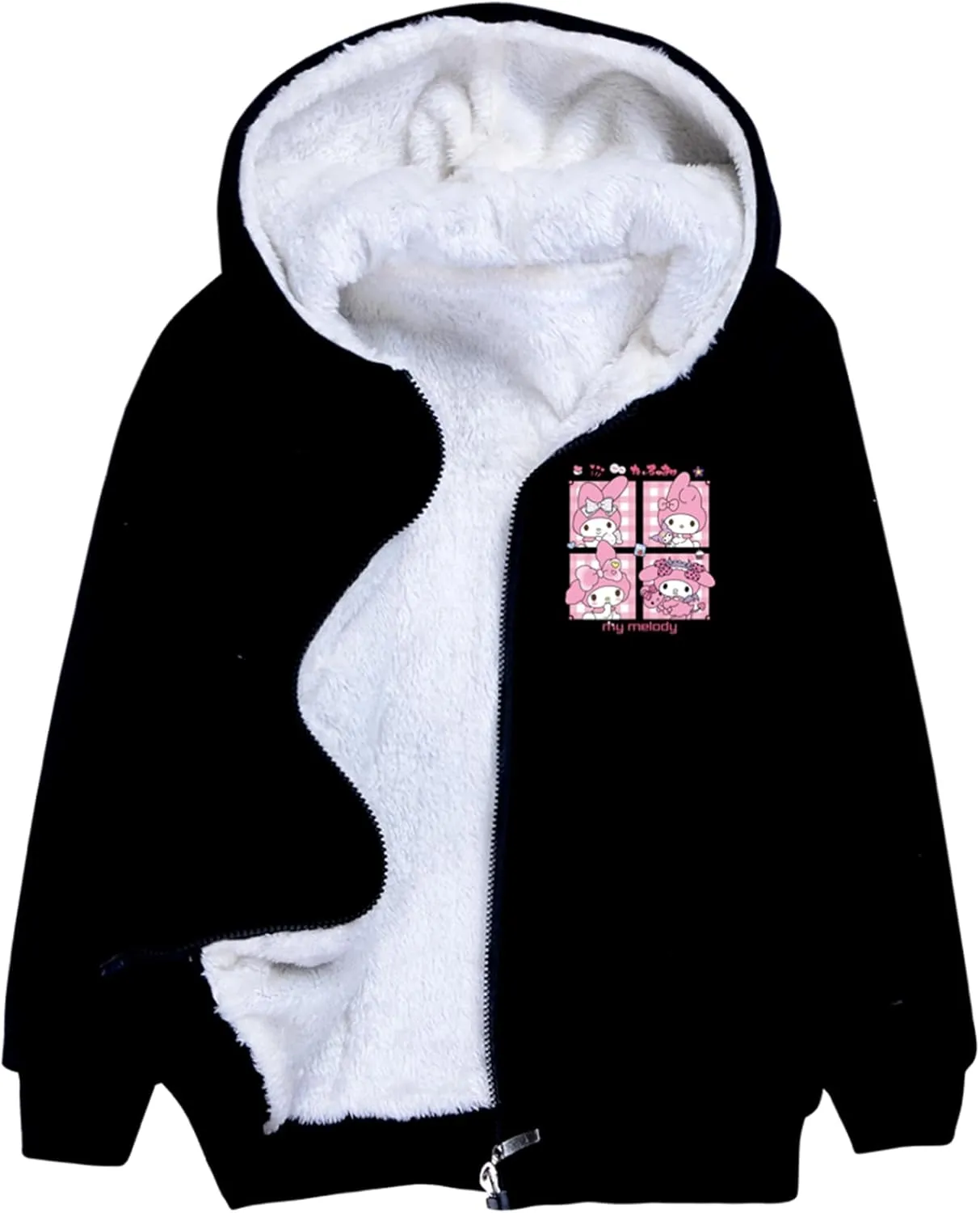 Kids Casual Fleece Liner Full-zip Coats-Trendy Hooded Outerwear Lovely Cartoon Warm Sweatshirts for Winter