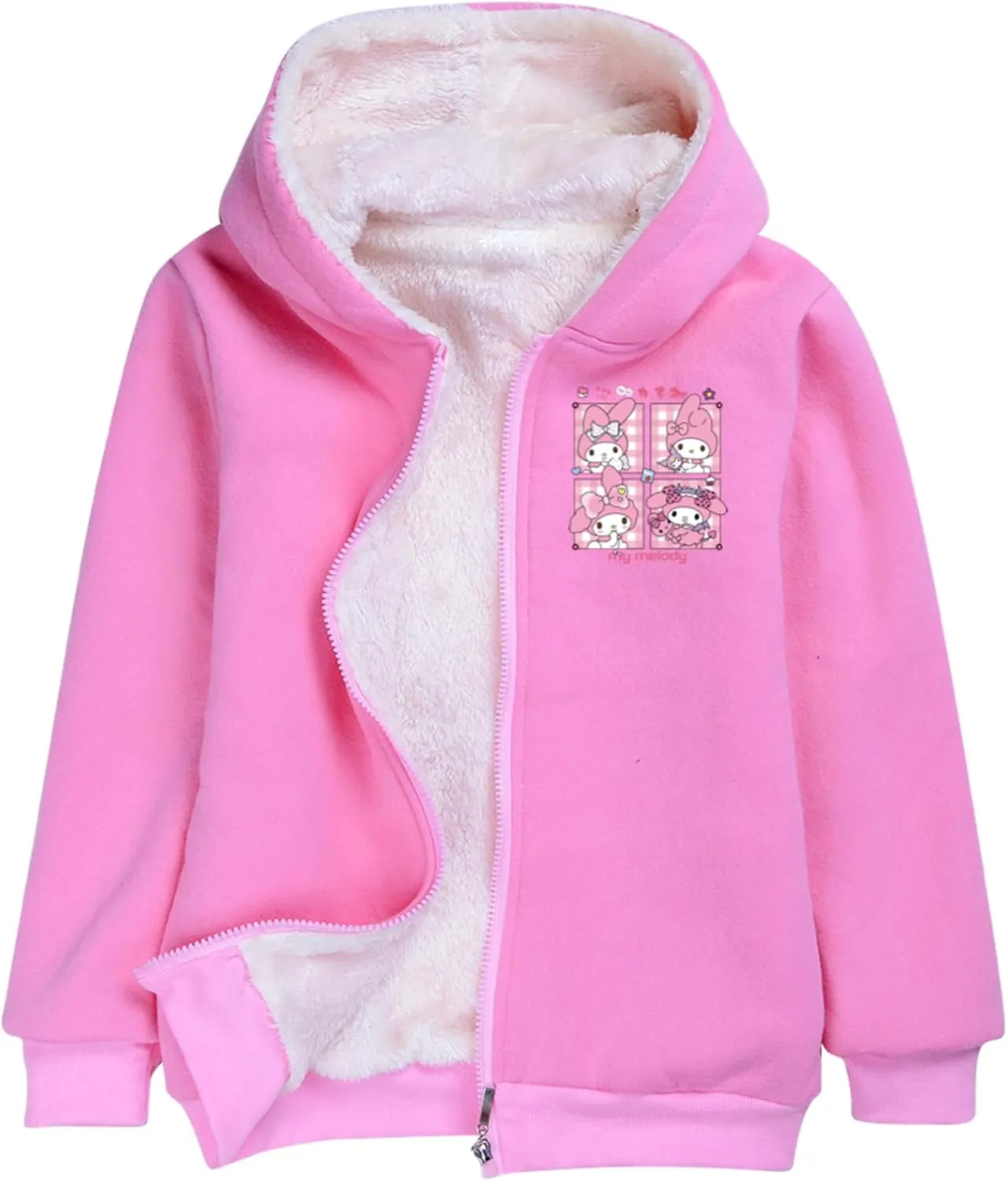 Kids Casual Fleece Liner Full-zip Coats-Trendy Hooded Outerwear Lovely Cartoon Warm Sweatshirts for Winter