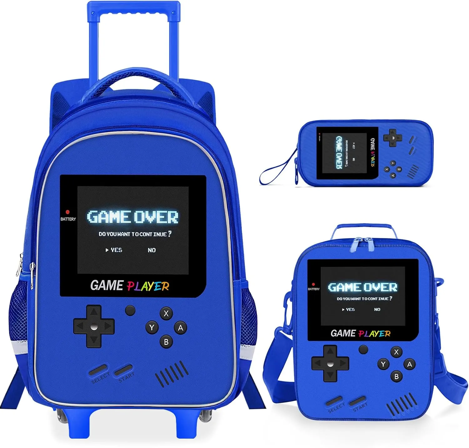 Kids Rolling Backpack for Boys - 3PCS Gamer Boys Rolling Backpack with Lunch Bag Set, Elementary Middle School Roller Bookbag with Adjustable Handle for Travel & School